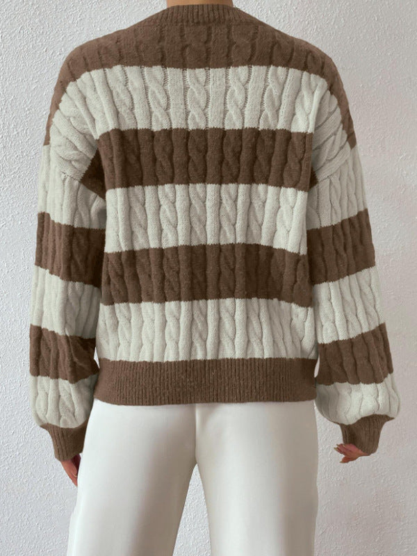 Herbst und Winter Lazy Style Neue Strickmode Lockere Mode Grenzüberschreitender Außenhandel Damenbekleidung VCollar Retro Kontrastfarbe Gestreifter Pullover 