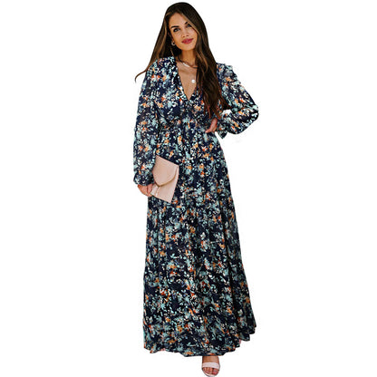 European and American Fashion V Collar Tulle Floral Print Long Sleeve Dress Women Autumn New Loose Casual Chiffon Dress for Women