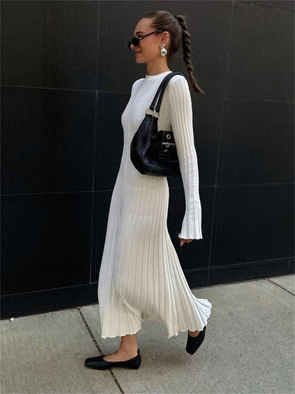 Long Sleeve Round Neck Tight Knitted Autumn New Style Sweater Sunken Stripe Solid Color Base  Style Dress