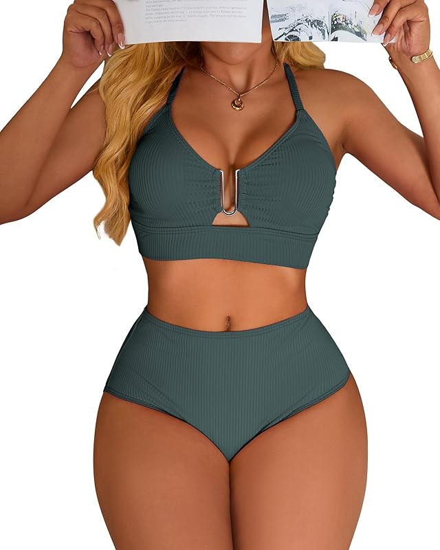 Ribbed High Rise Bikini Sets Women Large Bust Longline Modest Bikini Swimsuits 2 Piece - Seldom Seen Styles