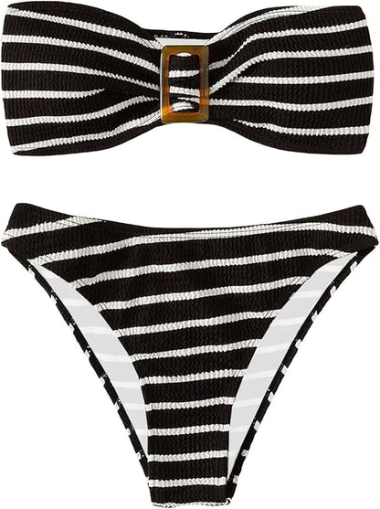 Women's 2 Piece Strapless Swimsuit Striped Bandeau High Waisted Thong Bikini Set Bathing Suit - Seldom Seen Styles