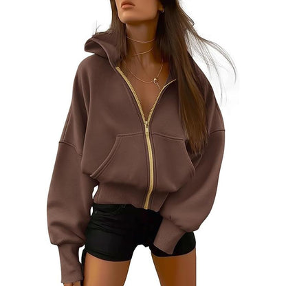 Women's Gold Zipper Hoodie Long Sleeve Fleece Y2K Style Casual Sweatshirt with Pockets for Fall Winter Clothes