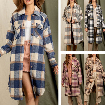 European and american hot2024Winter New Women's Clothing Fashion Polo Collar Large Pocket Long Sleeve Long Plaid Coat Cardigan