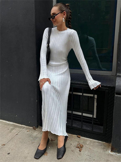 Long Sleeve Round Neck Tight Knitted Autumn New Style Sweater Sunken Stripe Solid Color Base  Style Dress