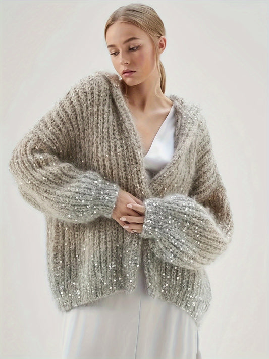 Strickjacke mit offener Vorderseite und Paillettendetail, stilvolle Langarm-Kapuzenjacke mit Farbverlauf für Herbst und Winter, Damenbekleidung