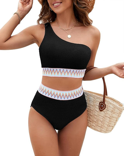 Women One Shoulder Bikini Set High Waisted Tummy Control Full Coverage Swimsuit Ribbed 2 Piece Bathing Suit 2025 - Seldom Seen Styles