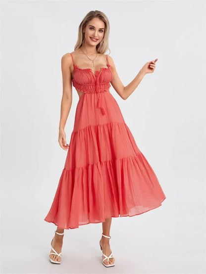 Summer Women Flowy Long Dress Spaghetti Strap Cut Out Backless Ruffle A-Line Dress Bohemian Party Holiday Casual Sundress
