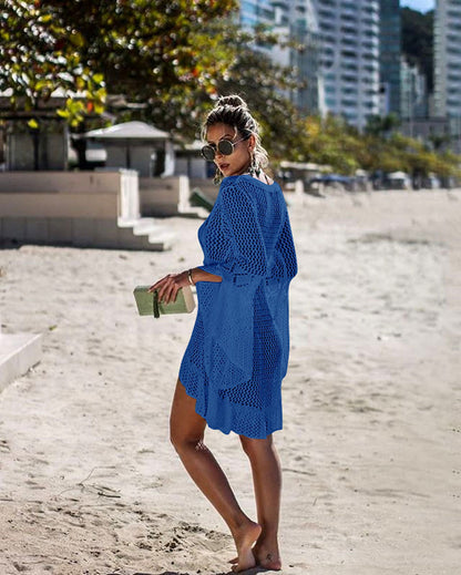 Hollow-out Sun Protection Shirt Bell Sleeve Beach Cover-up Bikini Cover  Hot Knitwear Swimsuit