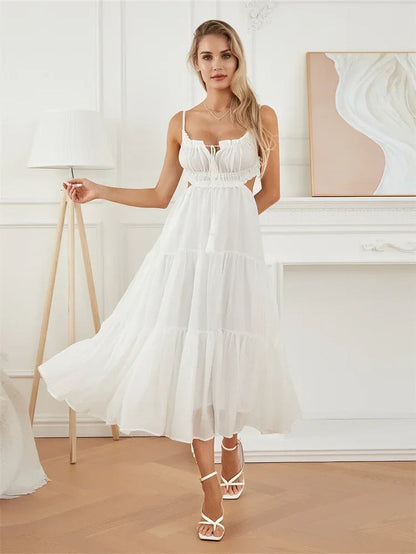 Summer Women Flowy Long Dress Spaghetti Strap Cut Out Backless Ruffle A-Line Dress Bohemian Party Holiday Casual Sundress