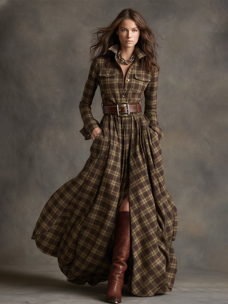 Retro Ethnic Style Lapel Reddish Brown Plaid Maxi Dress - Seldom Seen Styles