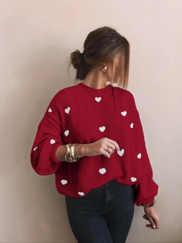 Women's All Over Heart Print Drop Shoulder Sweater, Casual Long Sleeve Round Neck Jumper for Fall & Winter, Fashion Ladies' Knitwear for Daily Wear - Seldom Seen Styles