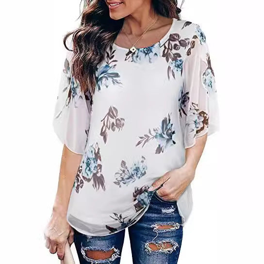 Women's Tops 3/4 Sleeve Blouses Dressy Casual Double Layers Mesh Tunic Shirts