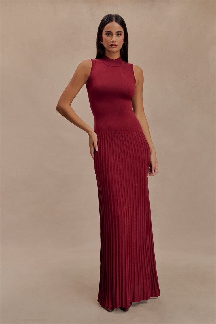 Half Turtleneck Sleeveless Knitted Long Skirt Solid Color Pleated Skirt Europe and America Cross Border Tight Sexy Summer Dress