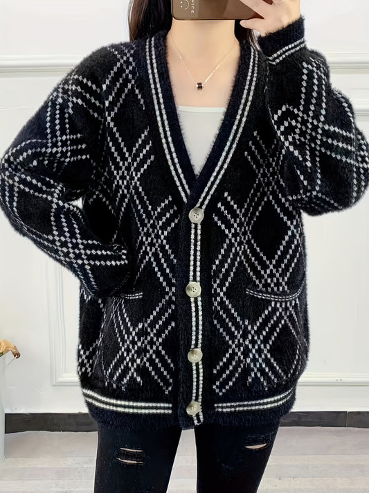 Karierte Strickjacke mit Knopfleiste, Vintage Langarm Lockerer Pullover Mantel mit Tasche, Damen kleidung