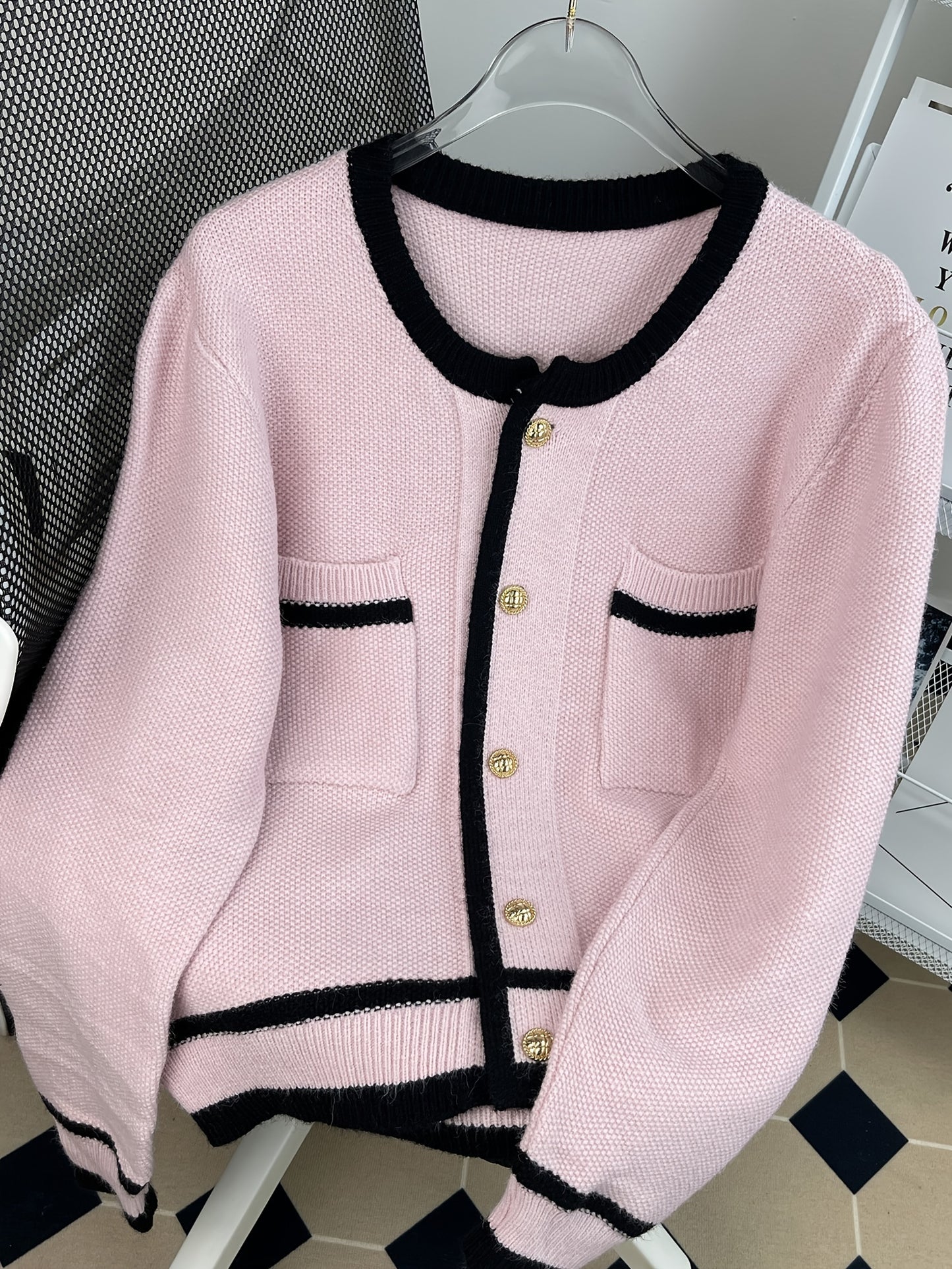 Contrast Trim Button Up Knit Cardigan, Casual Long Sleeve Crew Neck Sweater With Pocket, Women's Clothing