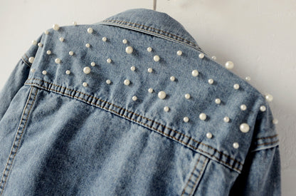 Women's Fashion Loose Embroidered Pearls Beading Cropped Denim Jacket Jean Coat