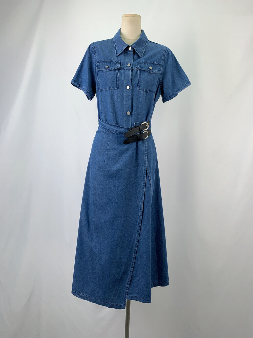 Women's Blue Denim Short Sleeve Shirt Dress with Belt Front Slit Midi Length Plus Size M L XL XXL 3XL 4XL - Seldom Seen Styles