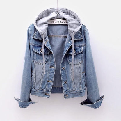 Women's Casual Denim Jacket, Long-sleeved Hooded Short Denim Coat with a detachable hood, suitable for spring and autumn as well as any occasion.