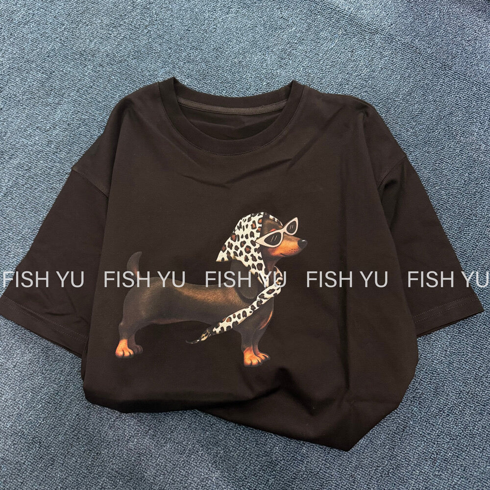 Vintage Dachshund Graphic T-Shirt – Leopard Scarf Dog Print Loose Fit Casual Tee - Seldom Seen Styles