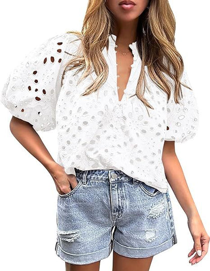 PRETTYGARDEN Women's Summer Tops Dressy Casual Short Lantern Sleeve V Neck Buttons Hollow Out Lace Embroidered Blouses Shirts