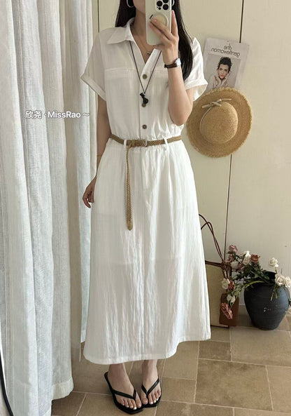 French Style Collared Short Sleeve Shirt Dress A-Line Midi Dress with Woven Belt Included White Black Khaki