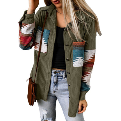 Womens Corduroy Flannel Shirt Long Sleeve Button Down Aztec Loose Shacket Jacket with Pockets