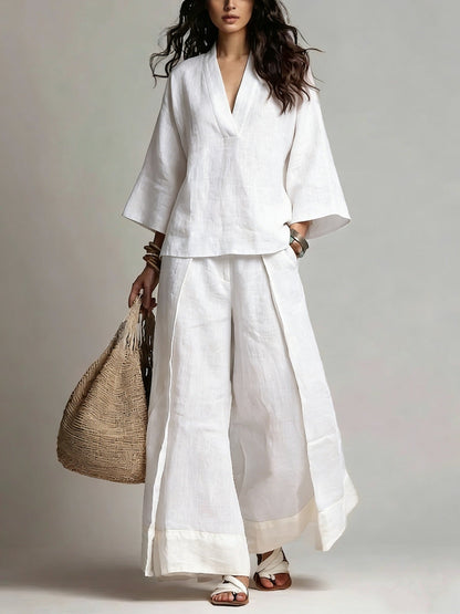 Annie's Fashion Women's Cotton-Linen V-Neck Three-Quarter Sleeve Shirt and Wide-Leg Pants Set