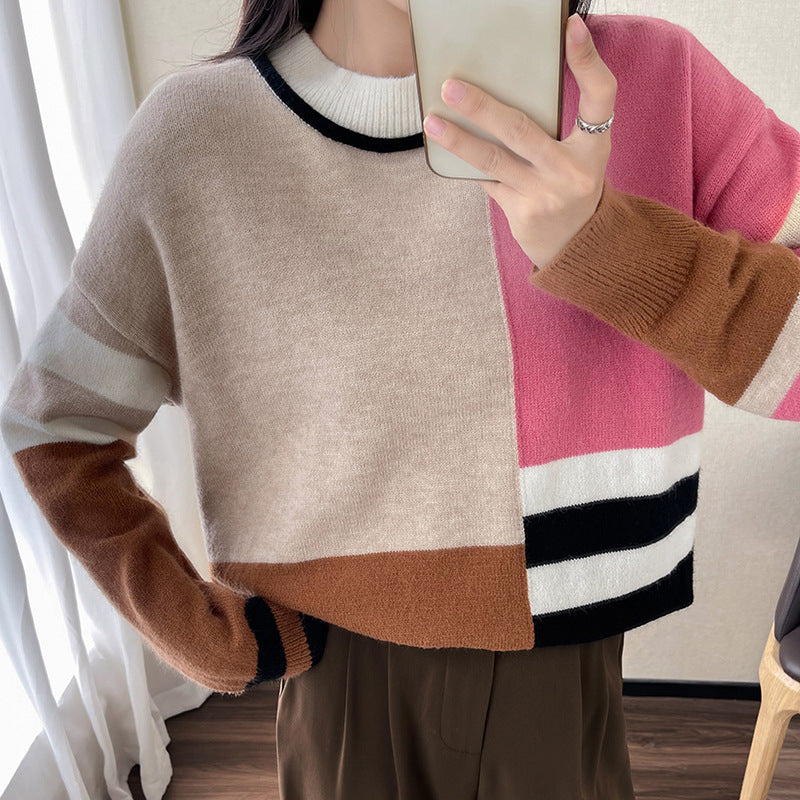 Autumn and Winter New Korean Style Loose Bottoming Knitted Sweater Women's Mid-Length Versatile round Neck Multicolor Striped Bottoming Shirt for Women