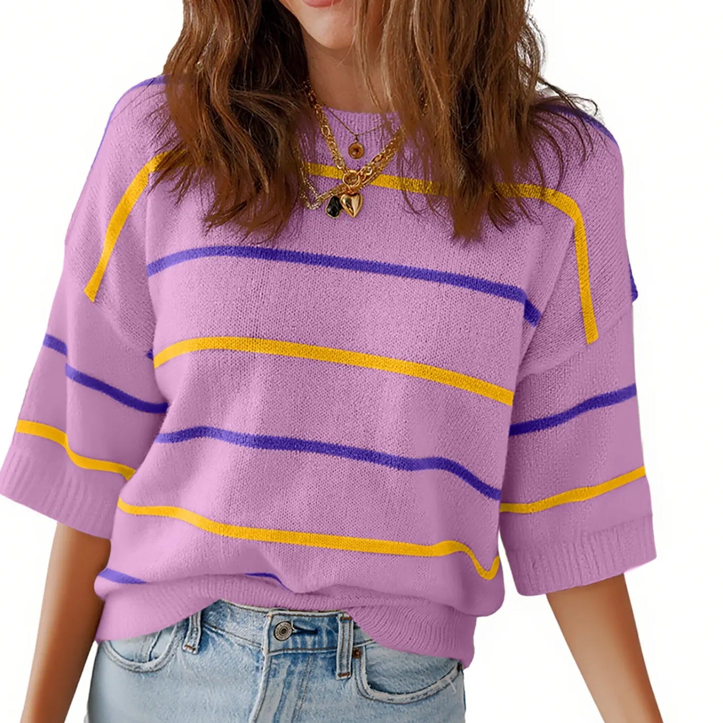 Shewin 2026 SummerVibes Women's Shortsleeve Round Neck Striped Pullover - Soft Breathable Polyester Sweatshirt, Chic Casual Fit, Ladies' Clothing for Daily Wear - Seldom Seen Styles