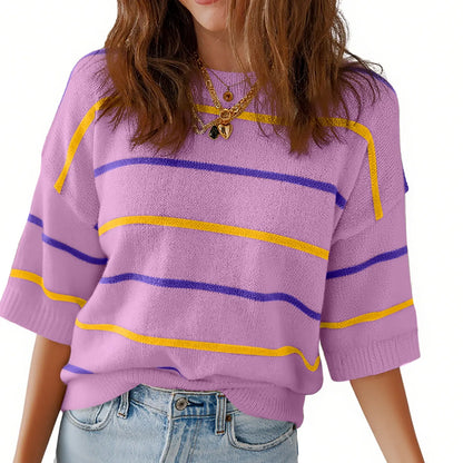 Shewin 2026 SummerVibes Women's Shortsleeve Round Neck Striped Pullover - Soft Breathable Polyester Sweatshirt, Chic Casual Fit, Ladies' Clothing for Daily Wear