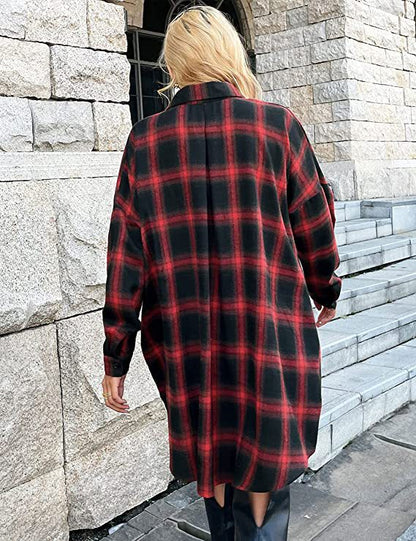 Women's Button Down Flannel Shirts Plaid Shacket Long Sleeve Collared Long Jacket Coats