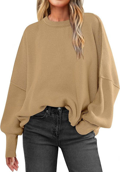 ANRABESS Women Crewneck Batwing Long Sleeve 2024 Fall Oversized Side Slit Ribbed Knit Pullover Sweaters Top Cozy Outfits