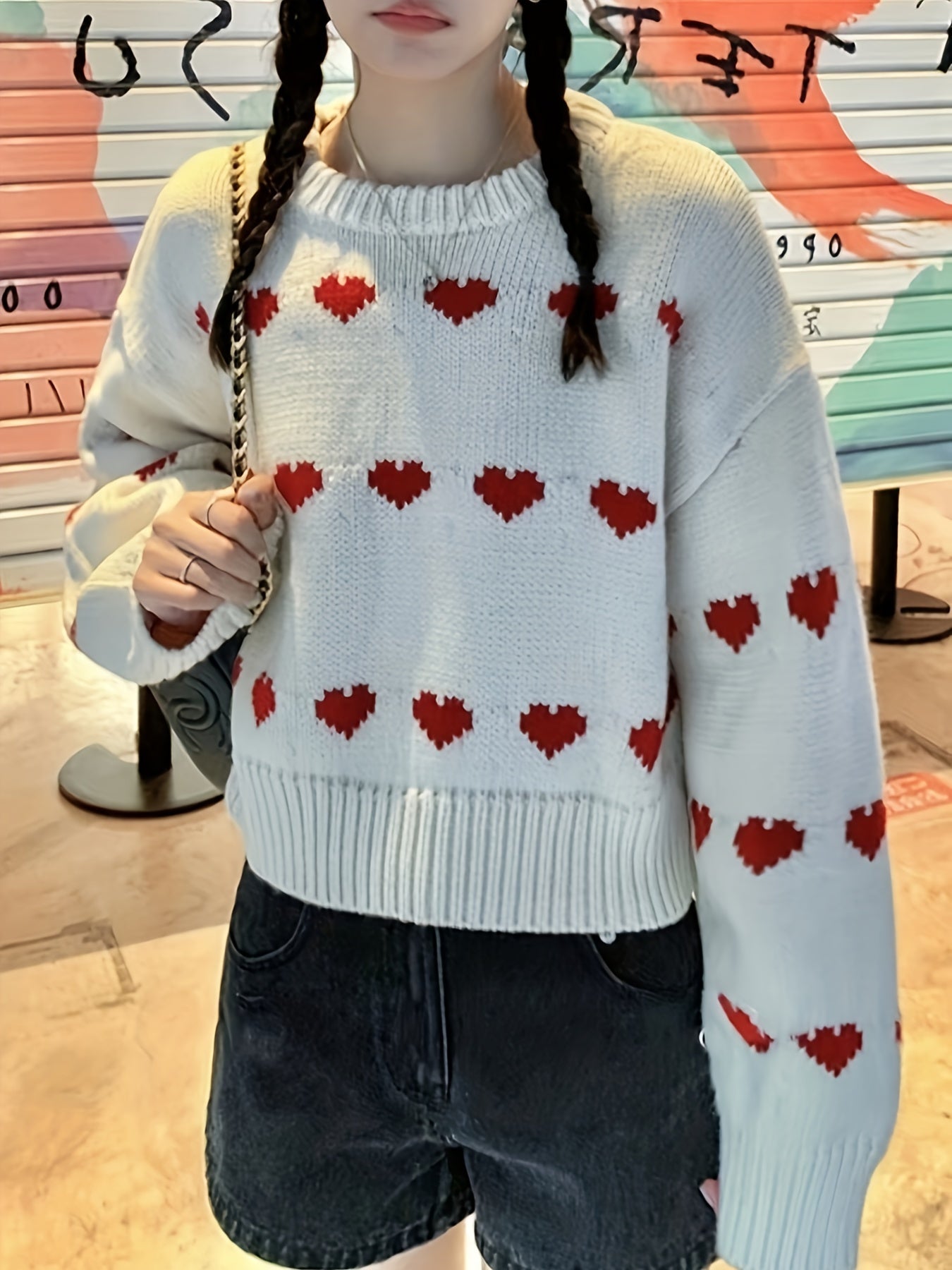 Heart Pattern Crew Neck Pullover Sweater, Valentine's Day Long Sleeve Drop Shoulder Sweater, Women's Clothing