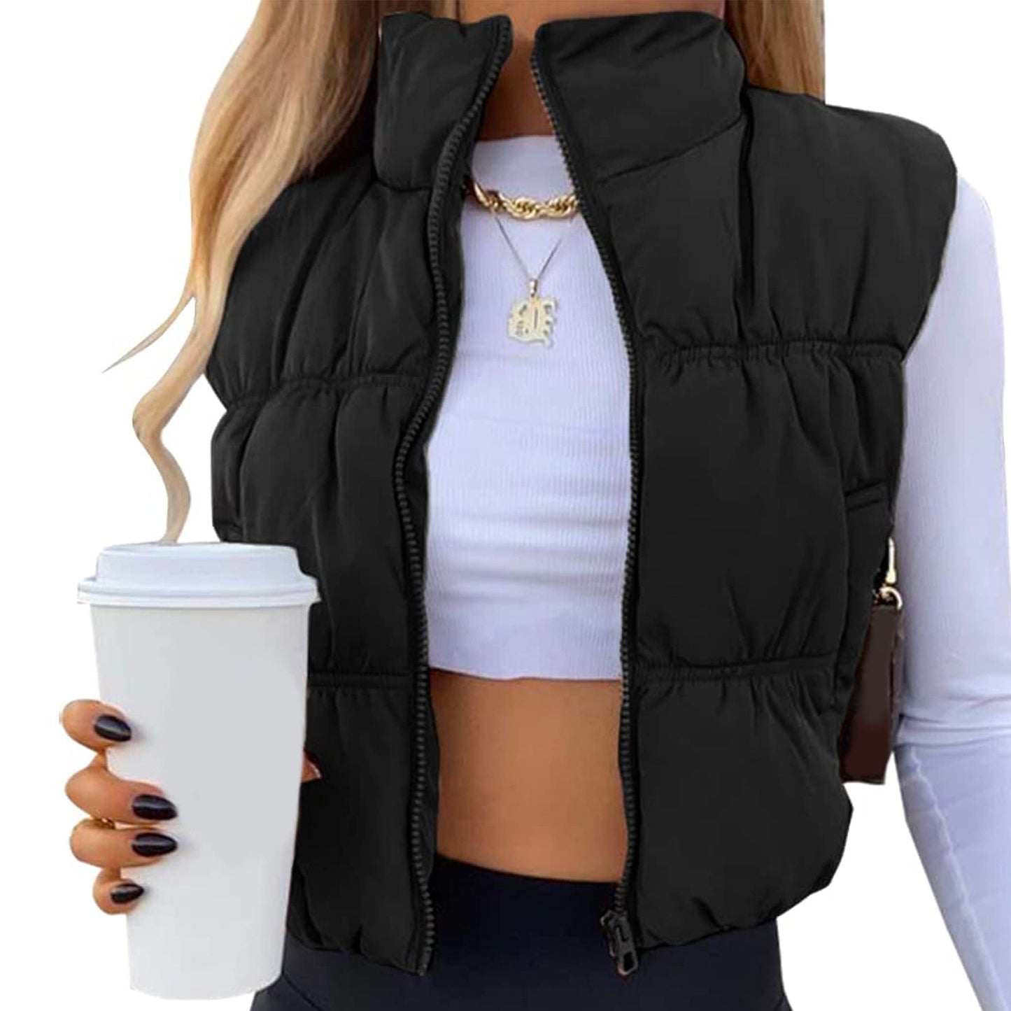 Women's Sleeveless Puffer Vest Zip-Up Stand Collar Trendy Cozy Cropped Outerwear for Stylish Layering - Seldom Seen Styles