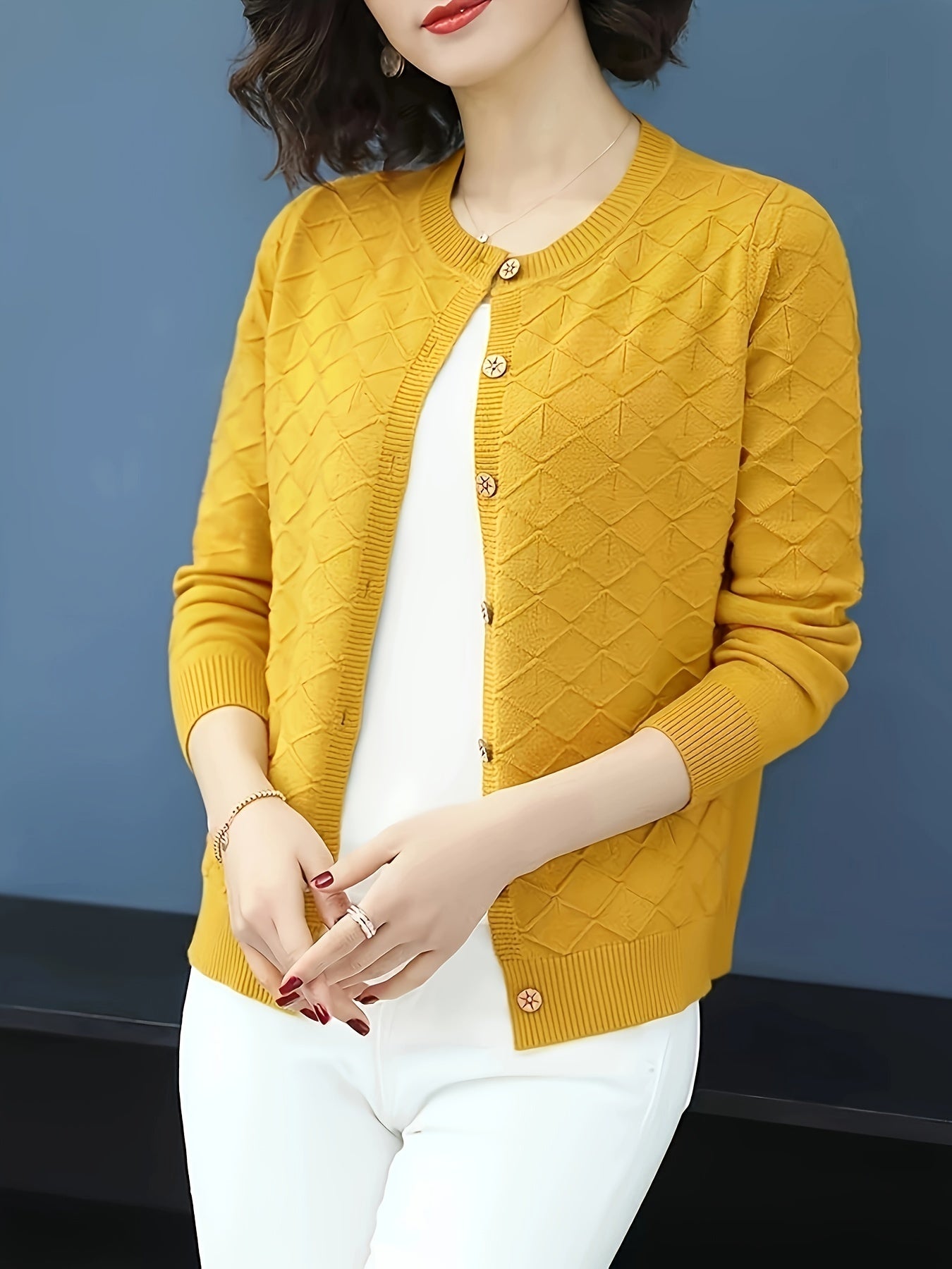 Solid Color Button Front Cardigan, Casual Long Sleeve Textured Cardigan For Spring & Fall, Women's Clothing