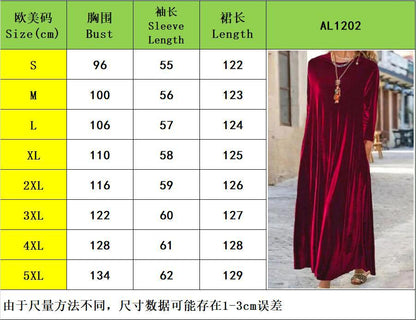 Cross-Border2024Amazon Spring New Gold Velvet European and American Slimming Temperament Crew Neck Long Dress