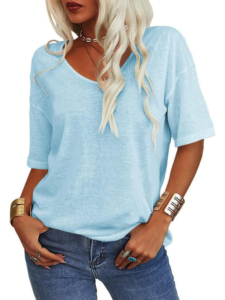 Womens Shirt, Normality Women's Solid Color V-Neck T-Shirt, Summer Short Sleeve Loose Casual Tops - Seldom Seen Styles