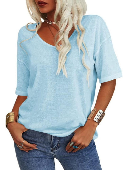 Womens Shirt, Normality Women's Solid Color V-Neck T-Shirt, Summer Short Sleeve Loose Casual Tops