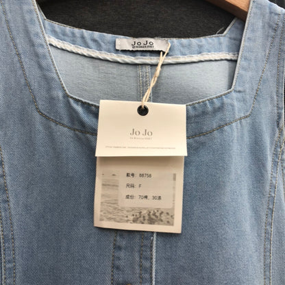 Women's Light Blue Denim Sleeveless Maxi Dress Square Neck Button Front Cotton Jean Dress