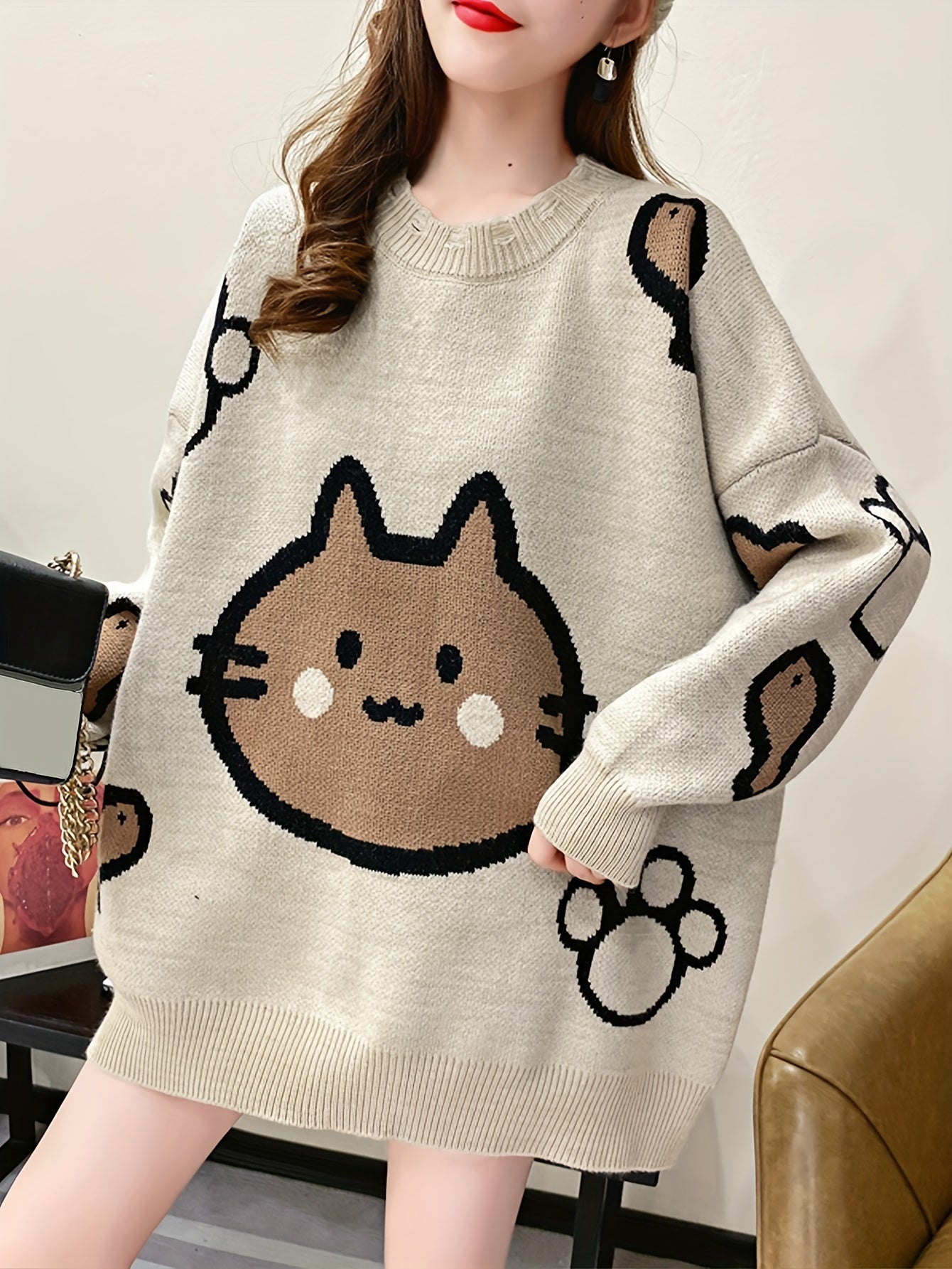 Cat Pattern Loose Sweater, Casual Drop Shoulder Long Sleeve Crew Neck Pullover Sweater For Spring & Fall, Women's Clothing