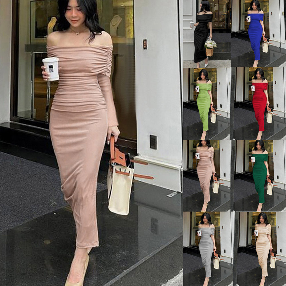 2024Spring European and American off-Shoulder Pleated Dress Slim Fit Slimming Slit Base Skirt Formal Dress