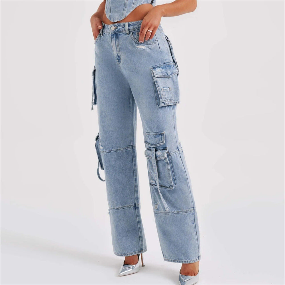 Women's Straight Fit Multi Pocket Denim Trousers  Denim suit