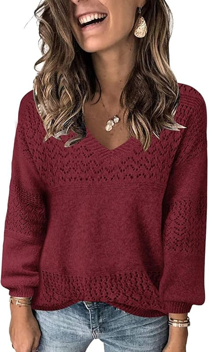 Womens Sweaters 2025 Fall V Neck Long Sleeve Hollow Knit Pullover Sweaters for Women - Seldom Seen Styles