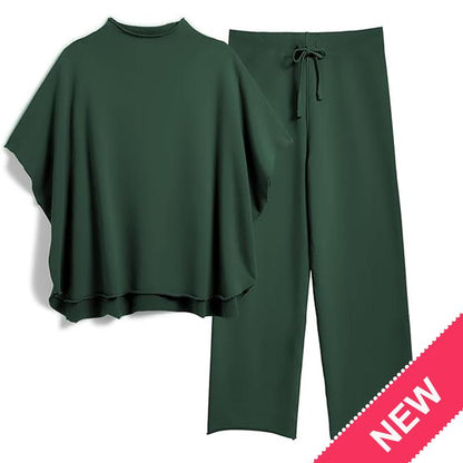 Songling Women Casual Two Piece Outfits 3/4 Batwing Sleeve Capelet CrewNeck Pullover Top Wide Leg Pants Lounge Sets Sweatsuit