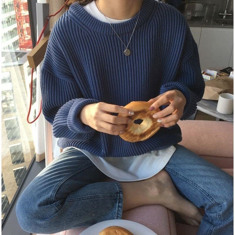 Women's Korean-Style Solid Color round Neck Sweater2023Autumn Idle Style Loose Pullover Base Knitwear Top Fashion