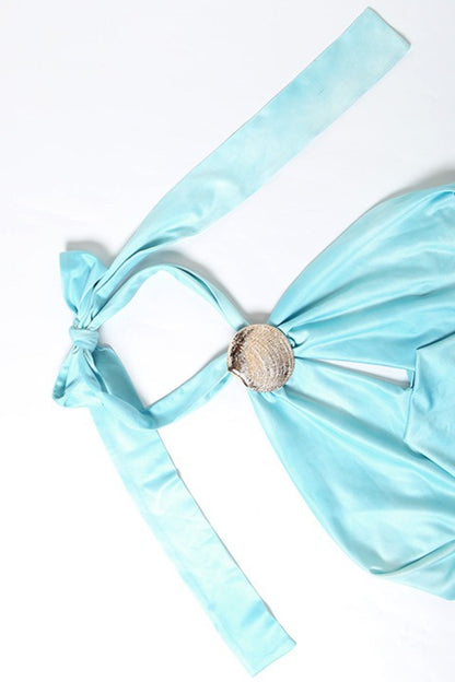 Sexy, einfarbiges, drapiertes Neckholder-Top mit Knopfleiste