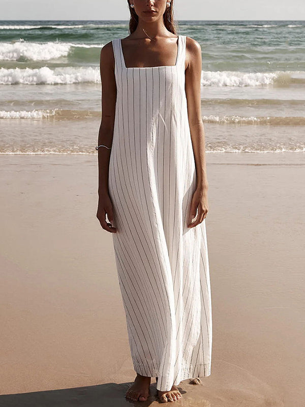 A-Line Loose Striped Square-Neck Maxi Dresses - Seldom Seen Styles