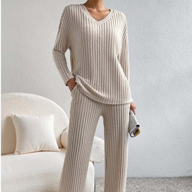 V Collar  Stripe Knitted Suit Two-Piece Set for Women2024Autumn New Fashion Casual Straight-Leg Pants Loose Temperament