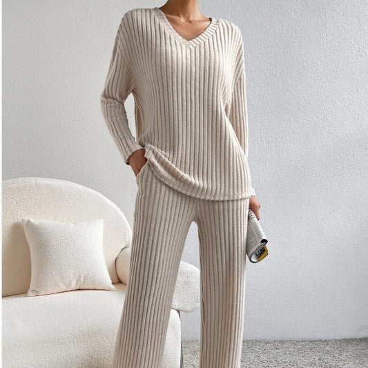 V Collar  Stripe Knitted Suit Two-Piece Set for Women2024Autumn New Fashion Casual Straight-Leg Pants Loose Temperament