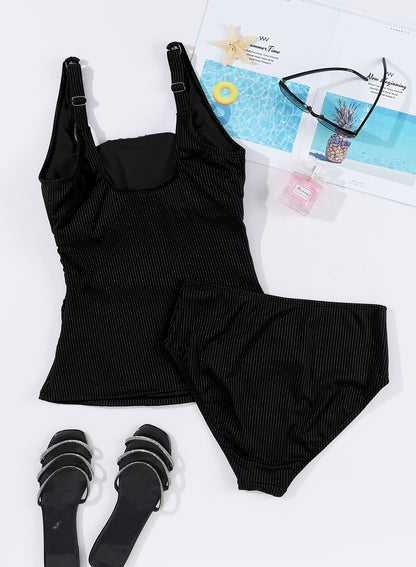 Womens Tankini Set Two Piece Ribbed Swimsuits Bathing Suits Ruched Tankini Top with Swim Brief Tummy Control Swimwear Black S - Seldom Seen Styles